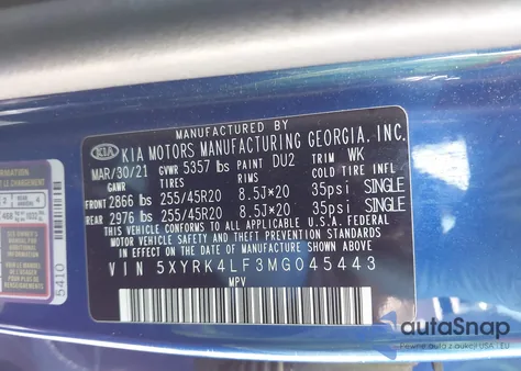 2021 Kia Sorento Sx Prestige z USA, uszkodzony, nr VIN 5XYRK4LF3MG045443